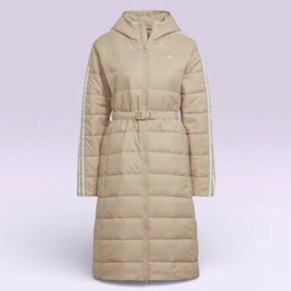 Adidas Originals Long Puffer Jacket XL Beige Belted Hooded NWT HK5252 - Picture 3 of 11